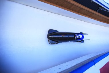 Calgary Kanada, 21 Aralık 2014: Fibt Viessmann yarış kızağı ve iskelet Dünya Kupası Calgary Olympic Park '.