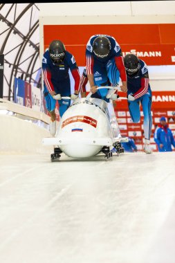Calgary Kanada, 21 Aralık 2014: Fibt Viessmann yarış kızağı ve iskelet Dünya Kupası Calgary Olympic Park '.