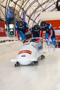 Calgary Kanada, 21 Aralık 2014: Fibt Viessmann yarış kızağı ve iskelet Dünya Kupası Calgary Olympic Park '.