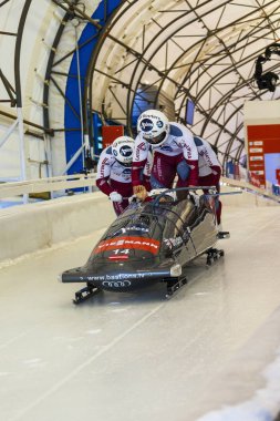 Calgary Kanada, 21 Aralık 2014: Fibt Viessmann yarış kızağı ve iskelet Dünya Kupası Calgary Olympic Park '.