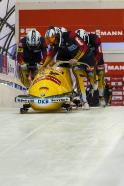 Calgary Kanada, 21 Aralık 2014: Fibt Viessmann yarış kızağı ve iskelet Dünya Kupası Calgary Olympic Park '.