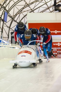 Calgary Kanada, 21 Aralık 2014: Fibt Viessmann yarış kızağı ve iskelet Dünya Kupası Calgary Olympic Park '.