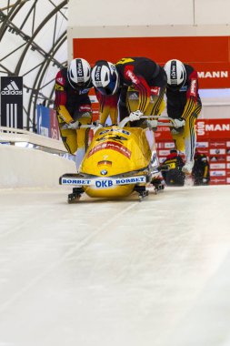 Calgary Kanada, 21 Aralık 2014: Fibt Viessmann yarış kızağı ve iskelet Dünya Kupası Calgary Olympic Park '.