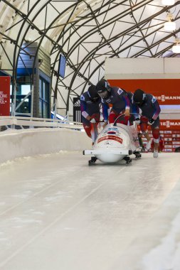 Calgary Kanada, 21 Aralık 2014: Fibt Viessmann yarış kızağı ve iskelet Dünya Kupası Calgary Olympic Park '.