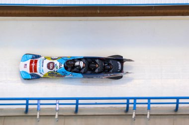 Calgary Kanada, 21 Aralık 2014: Fibt Viessmann yarış kızağı ve iskelet Dünya Kupası Calgary Olympic Park '.