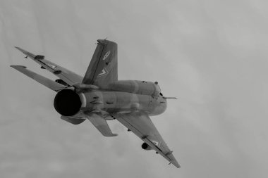 Budaors Hungary - Sept 2 2018: Mig 21 veteran fighter jet from the Cold War area. This is the last flying MIG 21 from the Hungarian Airforce. clipart