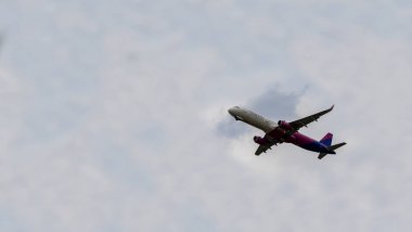 Budapeşte Macaristan 14 Temmuz 2019: Wizzair Airline Airbus 319 Ha-Lpl Budapeşte Uluslararası Havaalanından havalanıyor..