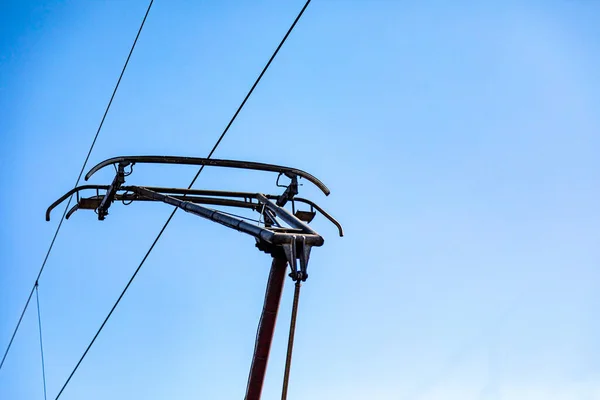 Bovenleiding Met Schuifcontact Spoorrails Elektrische Trein Hoogspanningscollector Rijdraad — Stockfoto