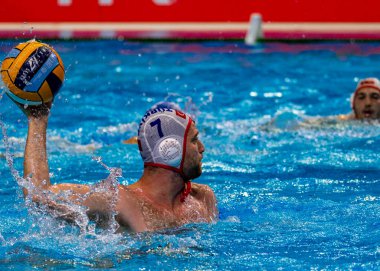 Budapeşte Macaristan 24 Ocak 2020: 34. Erkekler Avrupa sutopu şampiyonası. Milli takımlar turnuvası. Türkiye-Romanya. Romanya 20-3 kazandı.