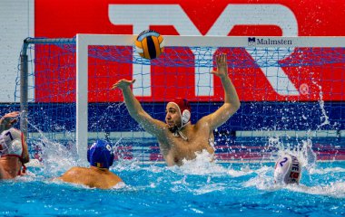 Budapeşte Macaristan 24 Ocak 2020: 34. Erkekler Avrupa sutopu şampiyonası. Milli takımlar turnuvası. Türkiye-Romanya. Romanya 20-3 kazandı.