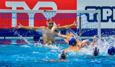 Budapeşte Macaristan 24 Ocak 2020: 34. Erkekler Avrupa sutopu şampiyonası. Milli takımlar turnuvası. Türkiye-Romanya. Romanya 20-3 kazandı.