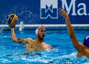 Budapeşte Macaristan 24 Ocak 2020: 34. Erkekler Avrupa sutopu şampiyonası. Milli takımlar turnuvası. Türkiye-Romanya. Romanya 20-3 kazandı.