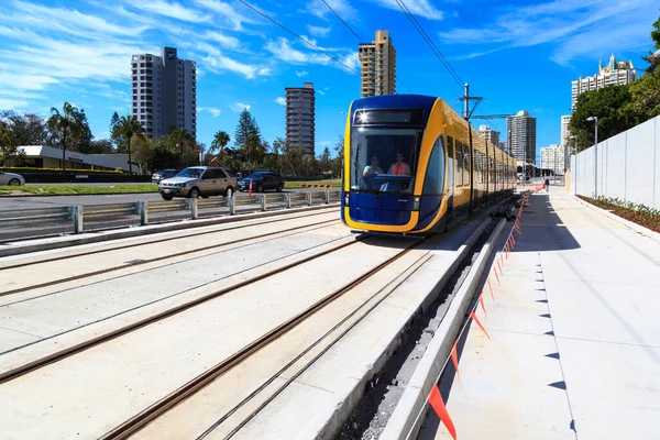 Gold Coast Australia - Mar. 29, 2019: Brand new light rail on test run (not yet open for the public), under commissioning at Surfers Paradise