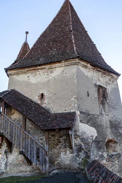 Vista Torre Del Reloj Medieval Famosa Atracción Turística Transilvania Ciudad —  Fotos de Stock
