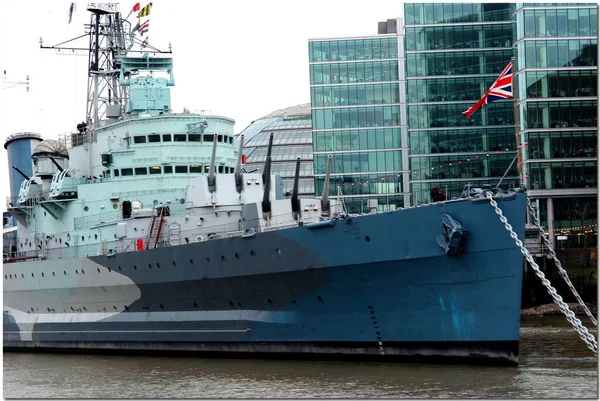 Pohled Hms Belfast Royal Navy Light Cruise Válečná Loď Muzeum — Stock fotografie