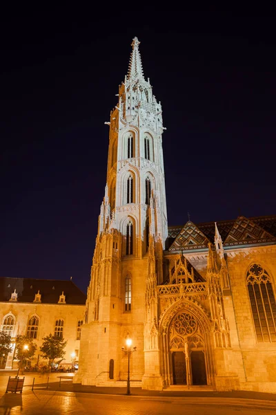 Matthias Kilisesi Gece Tarihi Kentin Simgelerinden Geç Gotik Tarzı Işıklı — Stok fotoğraf