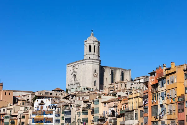 Stadssilhuetten Girona Katalonien Spanien Gamla Kvarteren Barri Vell Hus Och — Stockfoto