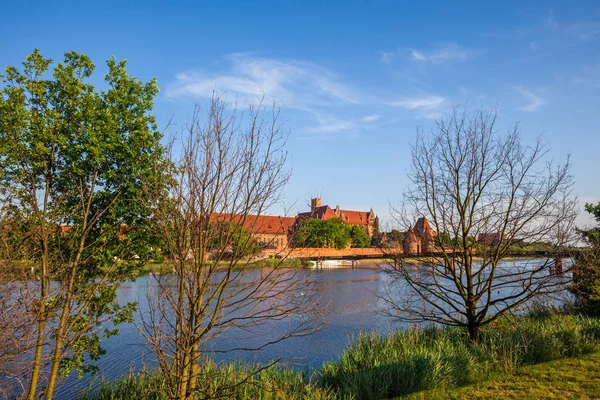 Brzegu Rzeki Nogat Malbork Zamek Zakonem Krzyżackim Tle Pomorze Polska — Zdjęcie stockowe