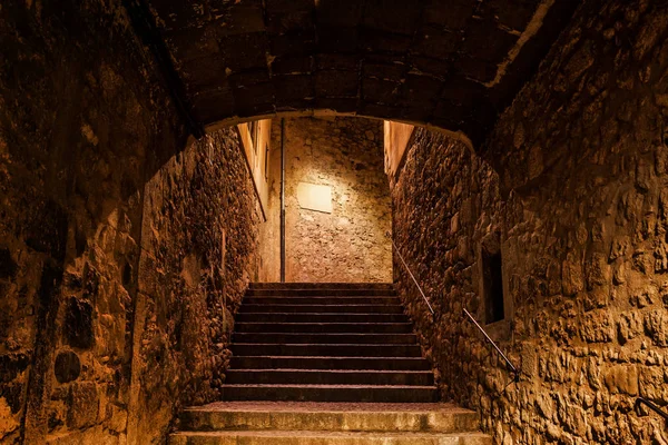 Escaliers Murs Médiévaux Pierre Dans Vieille Ville Gérone Nuit Quartier — Photo