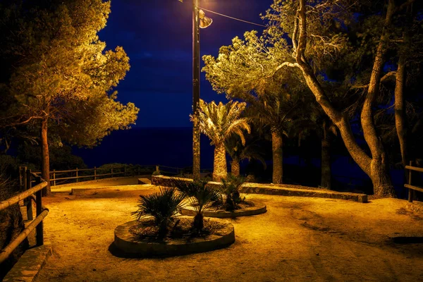 Plaza Sombría Parque Abandonado Junto Mar Medianoche Iluminada Por Una — Foto de Stock