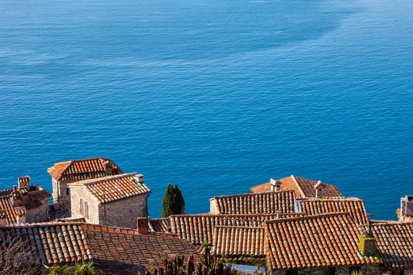 Vista Acima Eze Aldeia Para Grande Azul Mar Mediterrâneo França — Fotografia de Stock