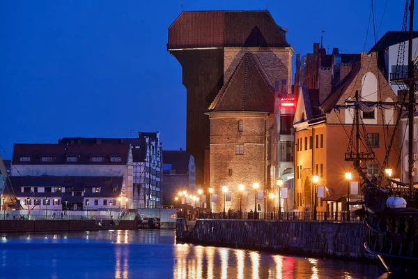 Stare Miasto Gdańsku Nocy Landmark City Wieku Żuraw Nabrzeża Rzeki — Zdjęcie stockowe