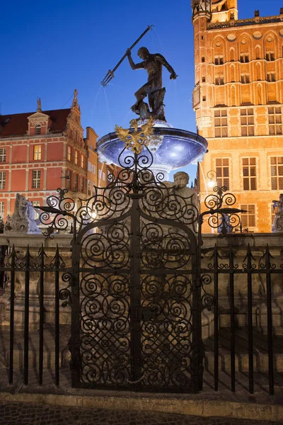 Neptunbrunnen Der Nacht Der Stadt Danzig Polen Bronzestatue Des Römischen — Stockfoto