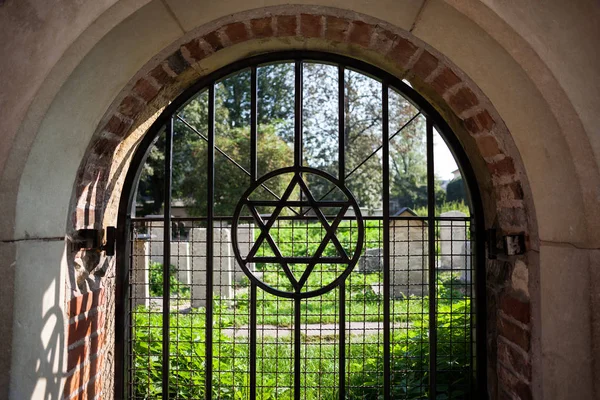 Stern Des David Symbols Auf Gewölbtem Fenstergitter Alten Friedhof Jüdischen — Stockfoto