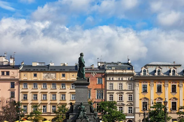 Row Historic Tenement Buildings Apartment Houses Adam Mickiewicz Statue Old — Stock Photo, Image