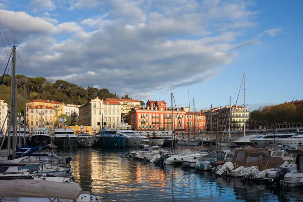 Stad Van Nice Frankrijk Bij Zonsopgang Zeilboten Motorboten Jachten Poort — Stockfoto