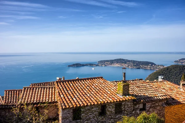 Casas Aldeia Eze Topo Montanha Mar Mediterrâneo França Riviera Francesa — Fotografia de Stock