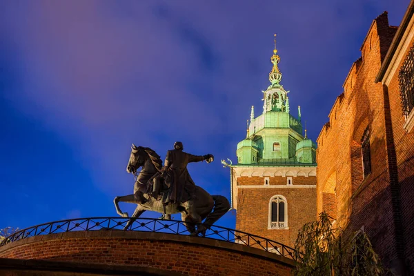 Tadeusz Kosciuszko Monument Wawel Castle Night Krakow Poland Equestrian Bronze — Stock Photo, Image