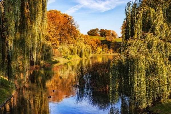 波兰华沙市风景如画的莫奇德洛公园的湖泊和秋叶 — 图库照片