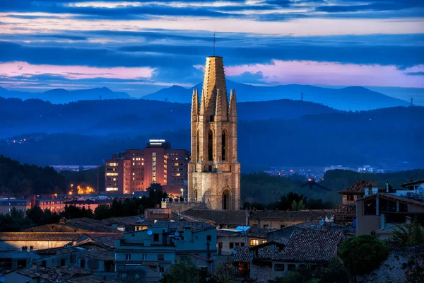 Çan Kulesi Sant Feliu Bazilikanın Şehir Girona Spanya Spanya Gece — Stok fotoğraf