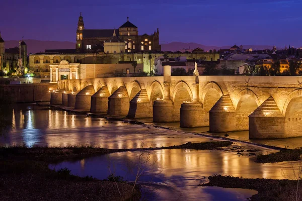 Brug en moskee kathedraal van Cordoba nachts — Stockfoto