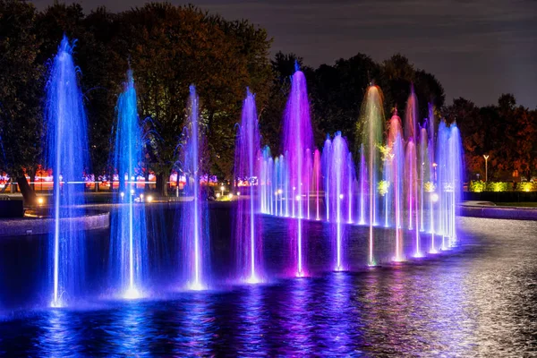 Multicolored Fountain Illuminated Night Warsaw Poland — Stock Photo, Image