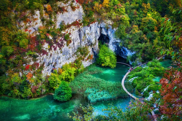 Plitvicei Tavak Nemzeti Park Őszi Táj Horvátországban Légi Kilátás Tóra — Stock Fotó