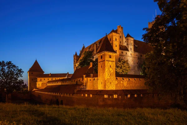 Château Malbork Illuminé Nuit Pologne Forteresse Médiévale Des Chevaliers Teutoniques — Photo