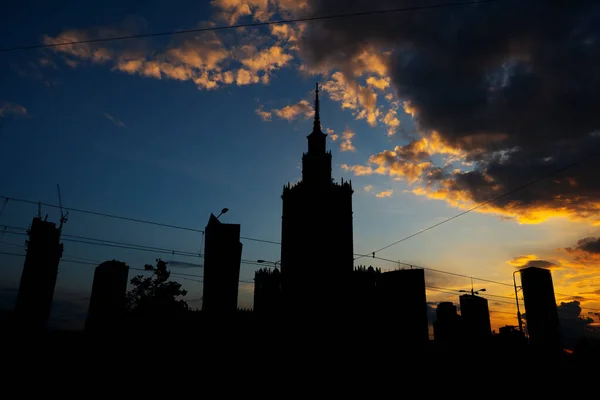 Silhuett Warszawa Stad Centrum Skyline Mot Solnedgången Himlen Huvudstad Polen — Stockfoto