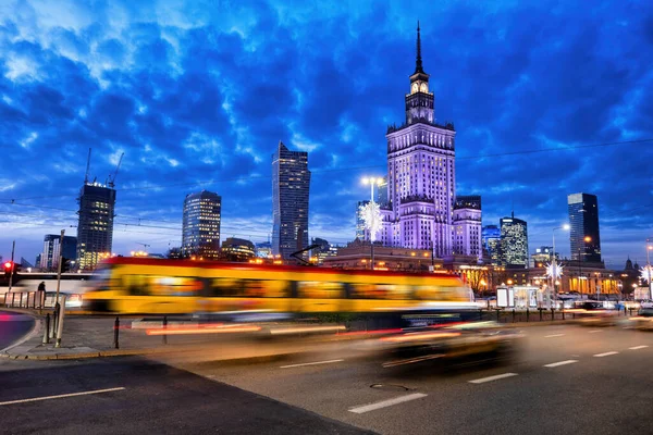 City Center Warsaw Poland Dusk Downtown Skyline Palace Culture Science — Stock Photo, Image