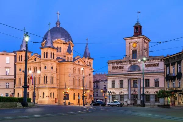 Ville Lodz Pologne Crépuscule Église Pentecôte Saint Esprit Hôtel Ville — Photo