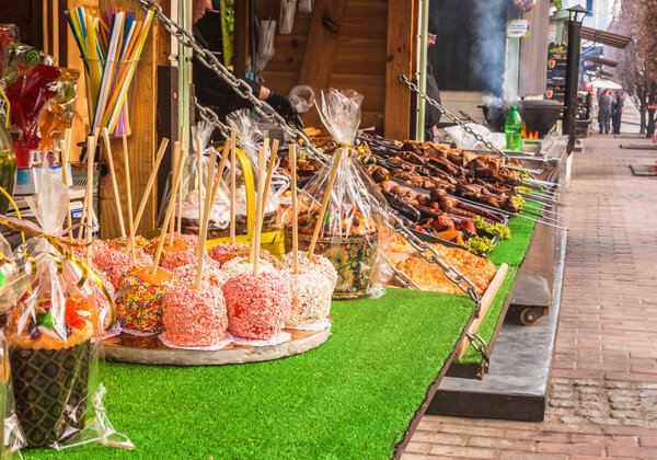 KYIV, UKRAINE - APRIL 6, 2018: Food on the  holiday on  festival of Easter eggs by ethnocultural project Folk Ukraine on Sophia Square in the centre of Kiev, Ukraine. April-may 2018