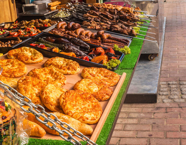 KYIV, UKRAINE - APRIL 6, 2018: Food on the  holiday on  festival of Easter eggs by ethnocultural project Folk Ukraine on Sophia Square in the centre of Kiev, Ukraine. April-may 2018
