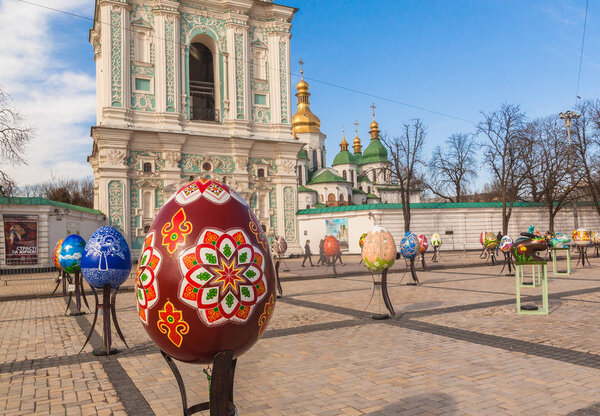 KYIV, UKRAINE - APRIL 6, 2018: 8 All-Ukrainian festival of Easter eggs by ethnocultural project Folk Ukraine on Sophia Square in the centre of Kiev, Ukraine. April-may 2018
