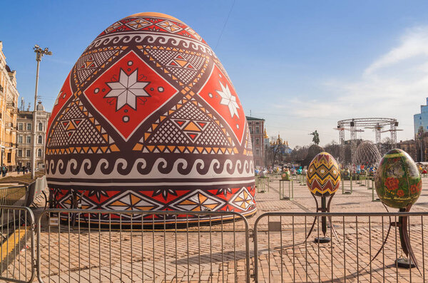 KYIV, UKRAINE - APRIL 6, 2018: 8 All-Ukrainian festival of Easter eggs by ethnocultural project Folk Ukraine on Sophia Square in the centre of Kiev, Ukraine. April-may 2018