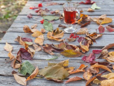 Yapraklar masada ve bardaklar sonbahar günü sıcak şarapla birlikte.