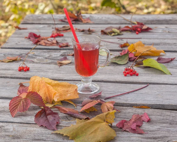 Vino Caliente Otoño Sobre Una Vieja Mesa Madera Con Hojas — Foto de Stock