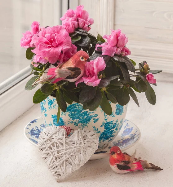 Azalea Rosa Con Decoración Par Pájaros Una Olla Vintage Una — Foto de Stock