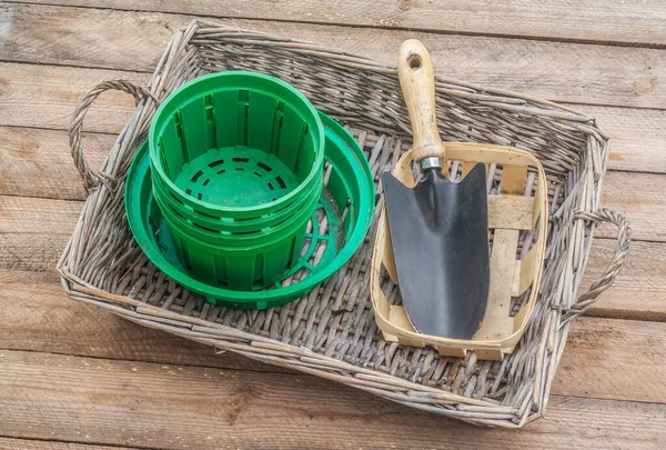 Baskets Planting Bulbous Shovels Wicker Tray — Stock Photo, Image