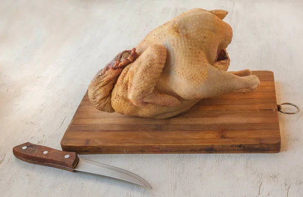 Whole Raw Chicken Carcasses Cutting Board Knife — Stock Photo, Image
